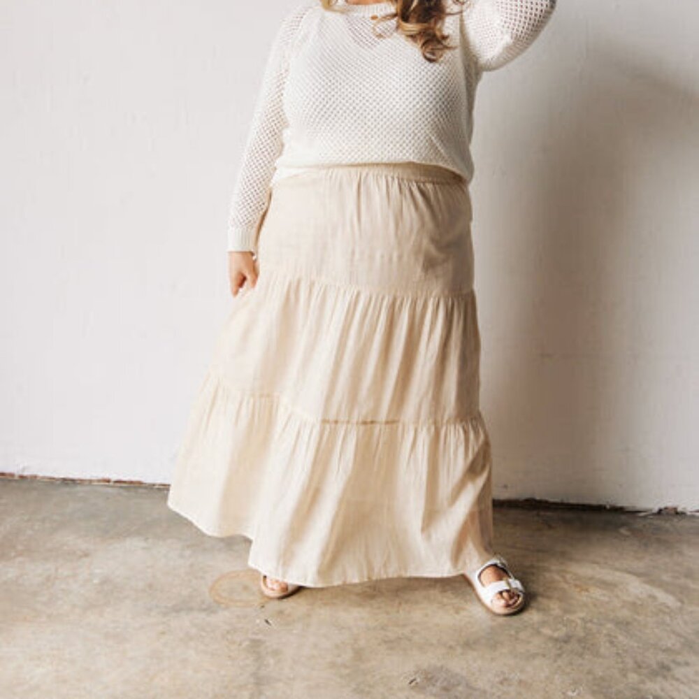 Able Harper Tiered Maxi Skirt Tan/White Pinstripe Womens L Boho Festival